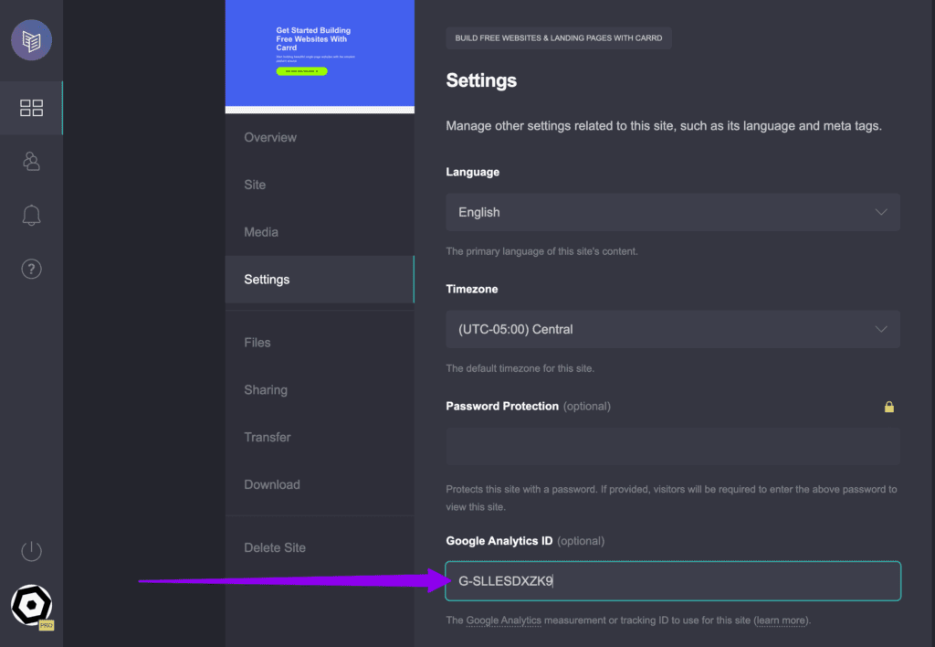 Carrd > Settings > Google Analytics ID